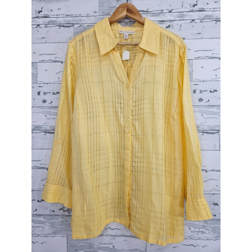 JM Collection Woman Yellow 100% Linen Roll Tab Button Front Shirt 20W Plus Size